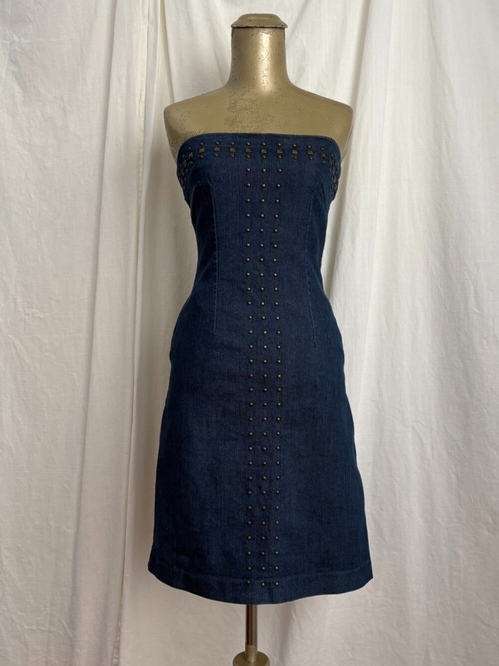 Y2K 5-7-9 Strapless Denim Jean Mini Dress Studded XS Southwest Western Boho